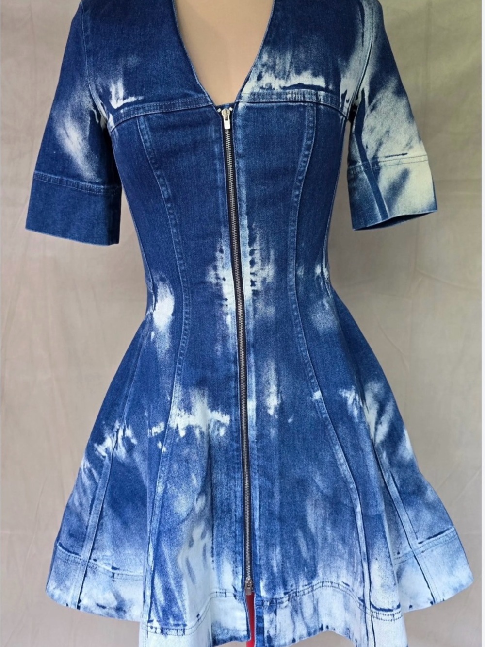 Stella McCartney Blue Tie-Dye Denim Mini Dress with Front Zip